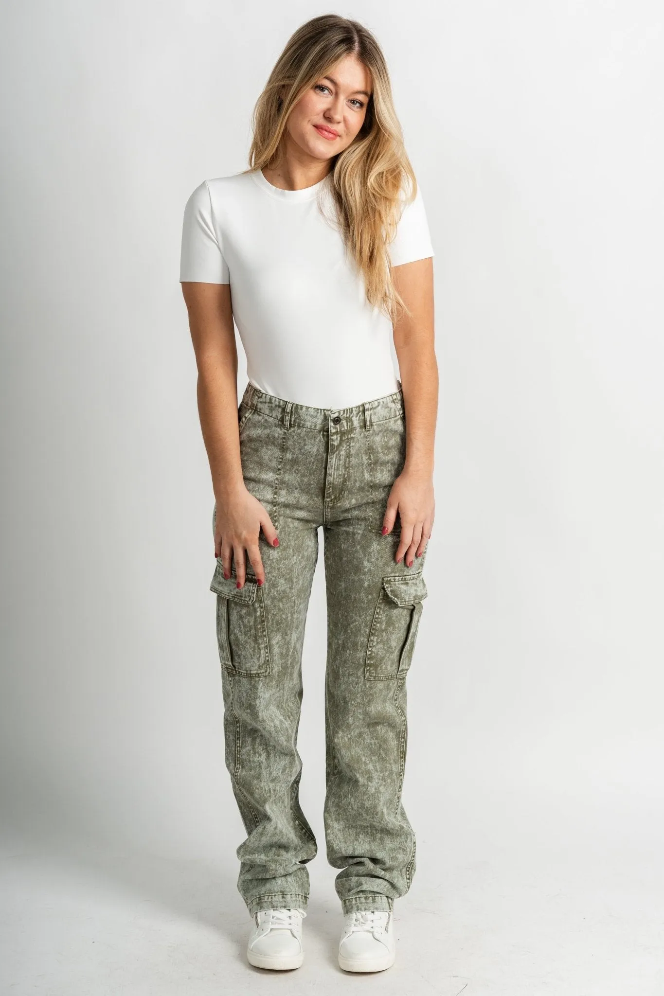 Washed cargo denim jeans olive