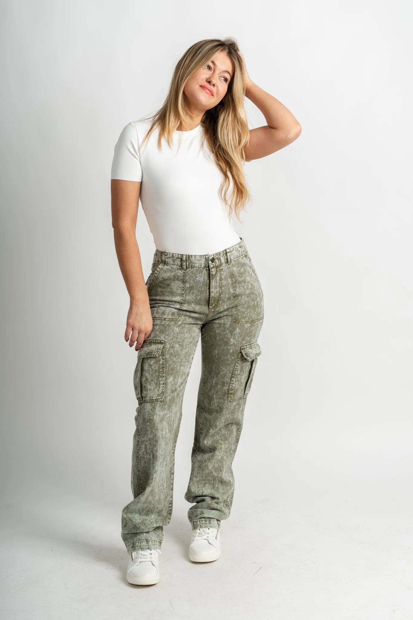Washed cargo denim jeans olive