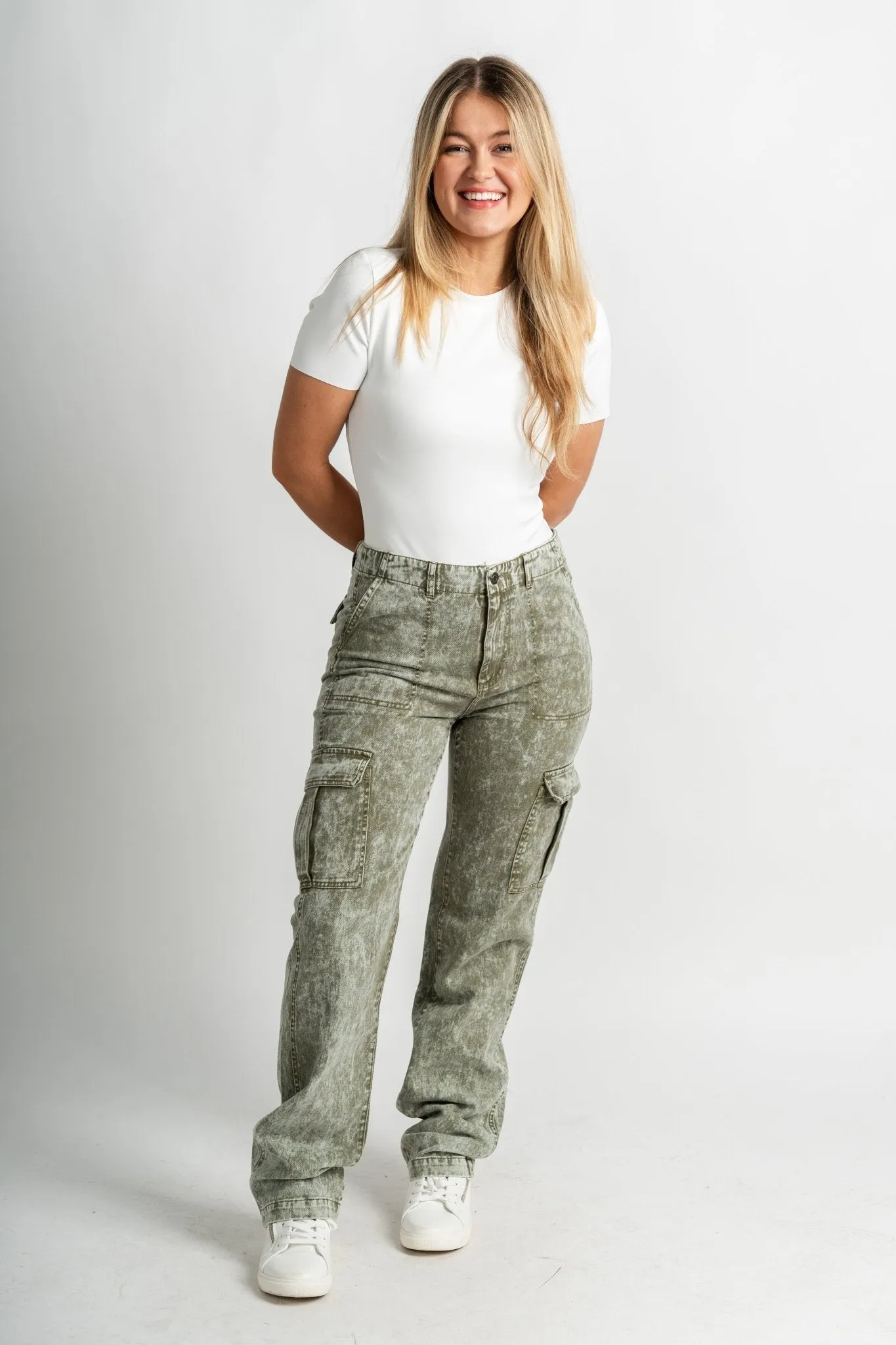 Washed cargo denim jeans olive