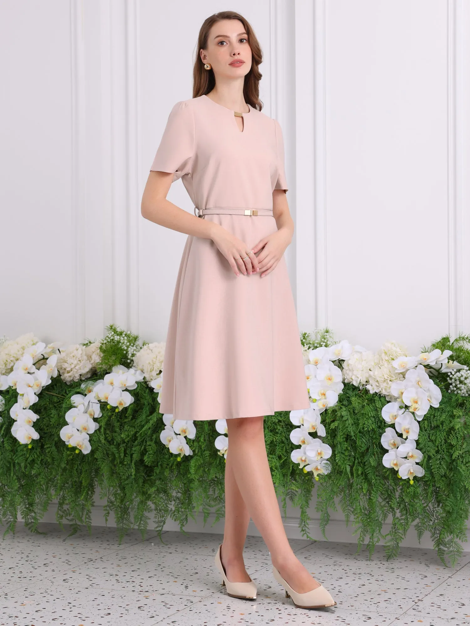 Women's Elegant A-Line Dress Choker V Neck Belted Wear to Work Fit and Flare Dresses