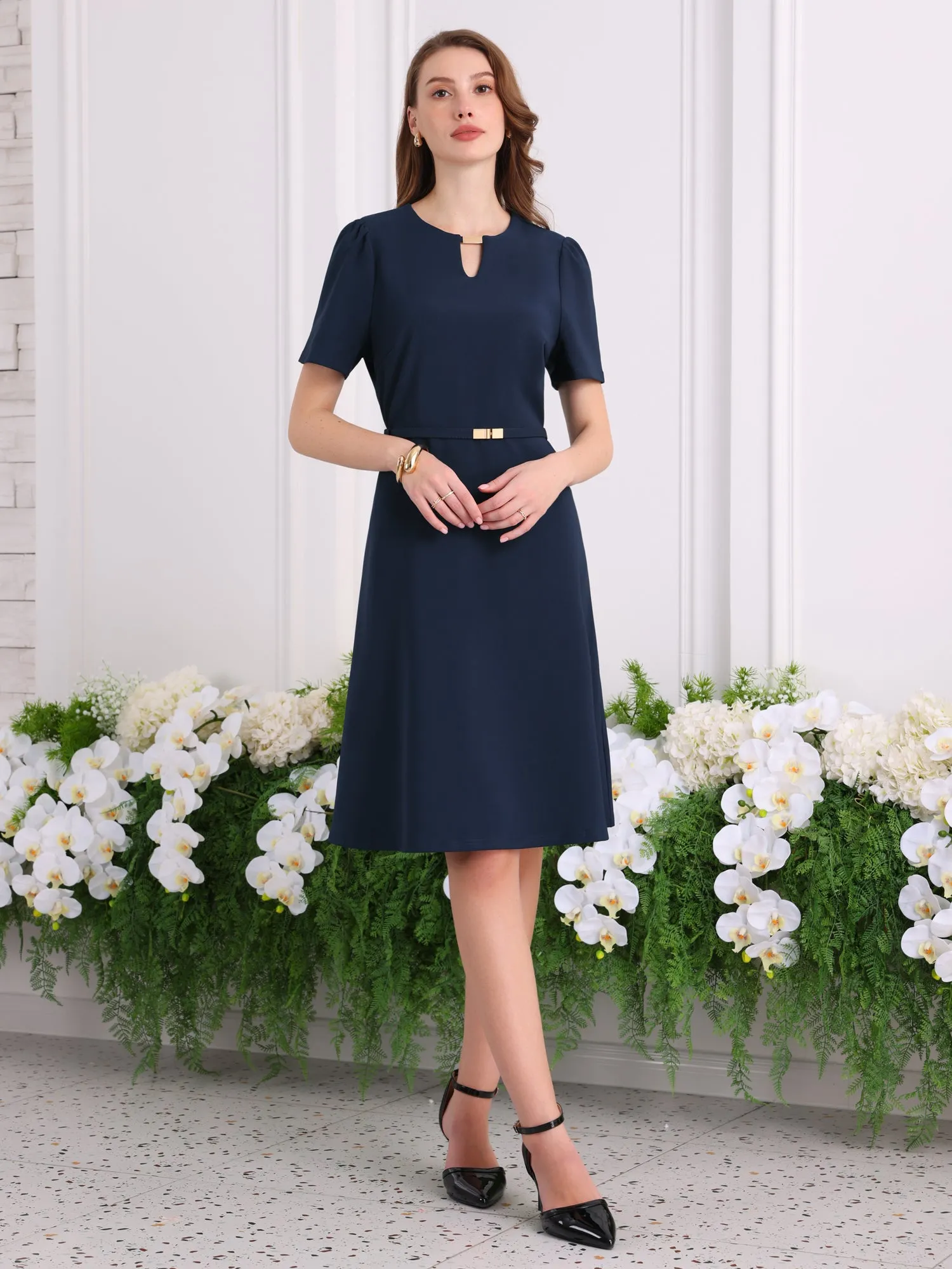 Women's Elegant A-Line Dress Choker V Neck Belted Wear to Work Fit and Flare Dresses