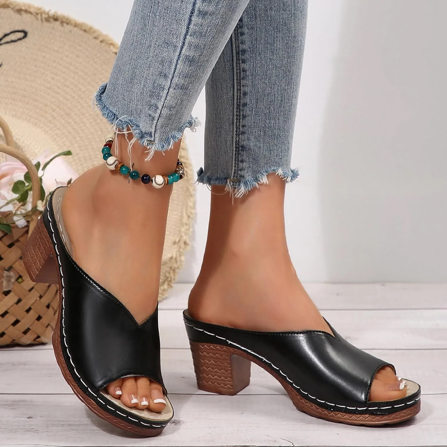 Women's Summer Square High Heel Open Toe Slip On Sandals Breathable Comfortable Casual Yoga Walking Shoes