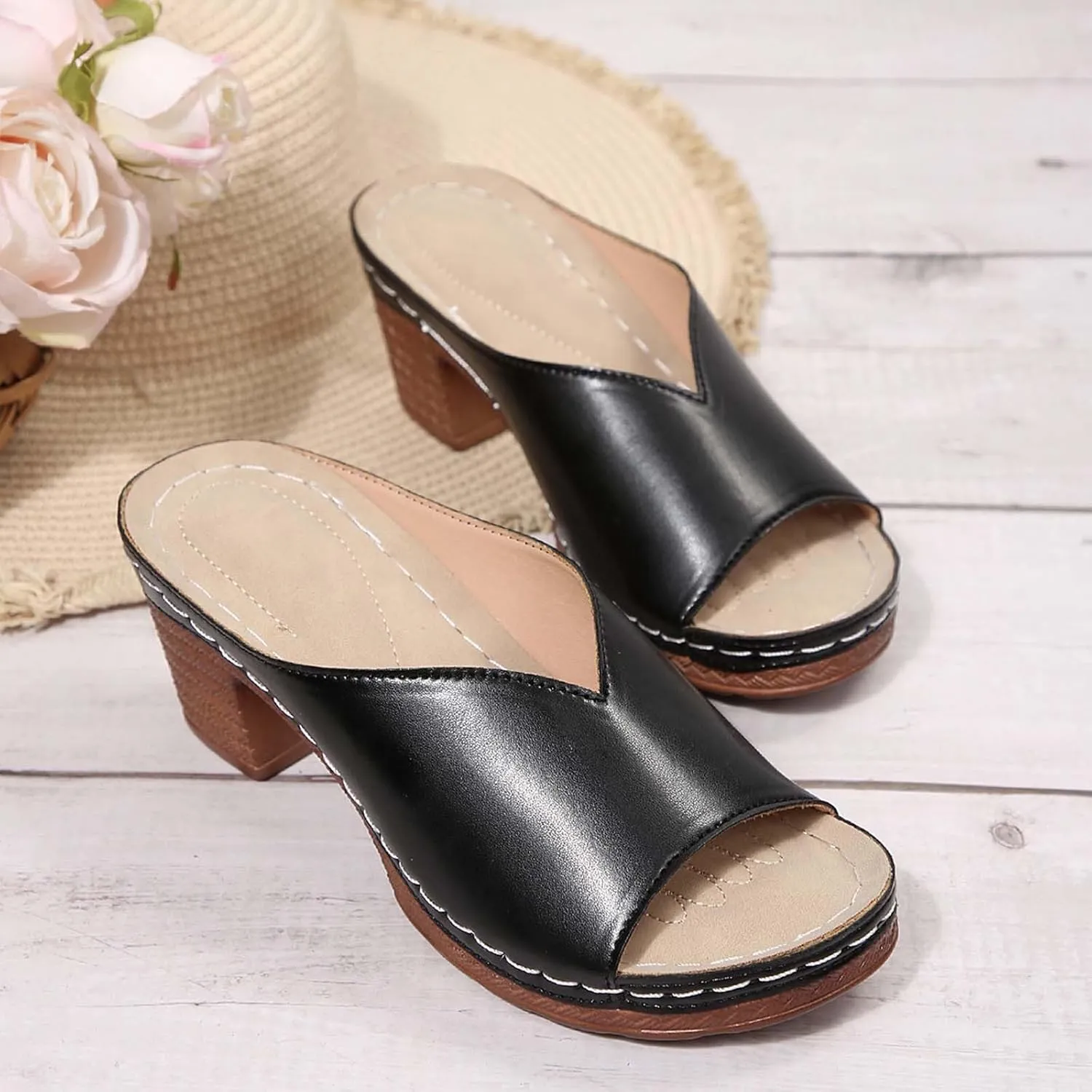 Women's Summer Square High Heel Open Toe Slip On Sandals Breathable Comfortable Casual Yoga Walking Shoes